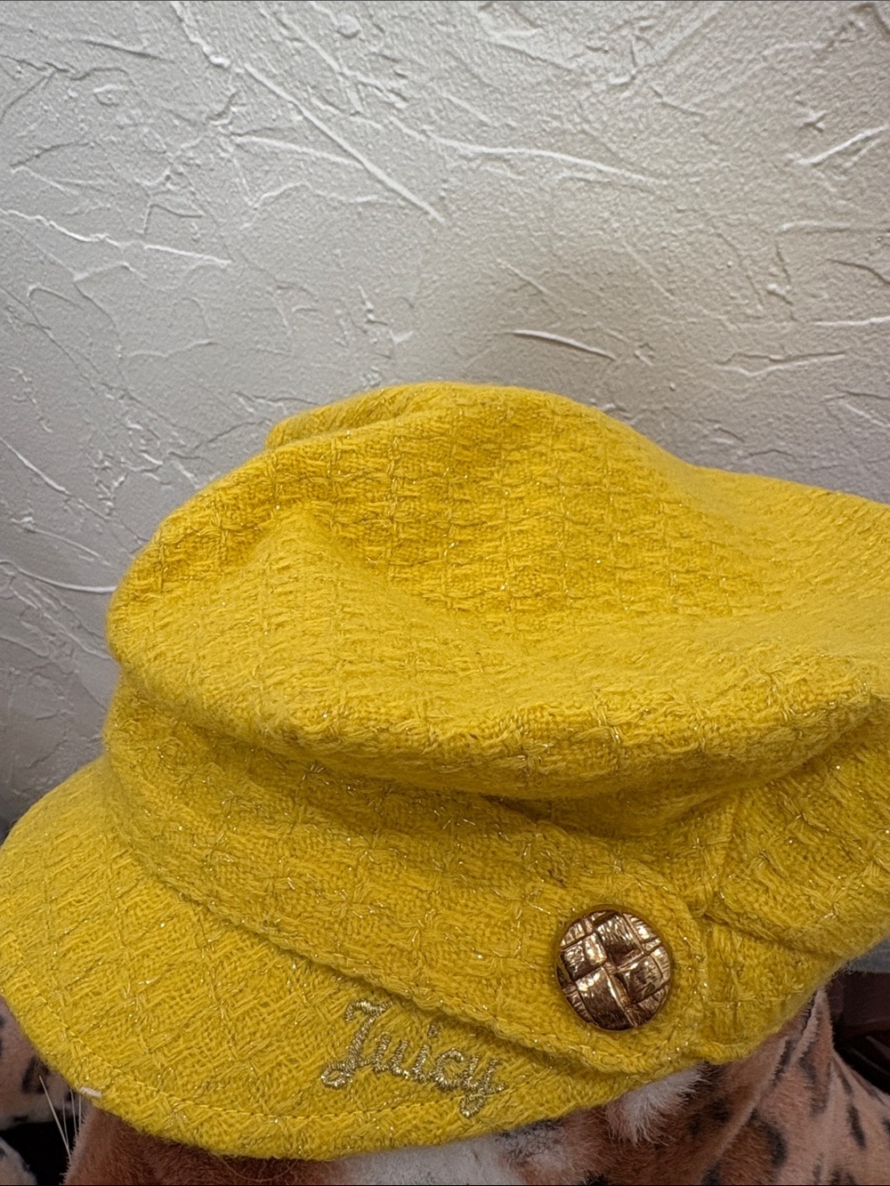 Juicy Couture Bright Yellow Quilted Newsboy Cap with Gold Button